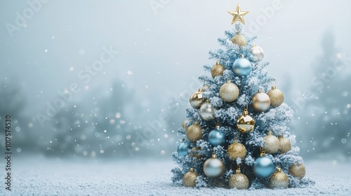 Minimal light blue Christmas tree, clean white background, gold and silver baubles, soft shimmer, elegant and simple design.