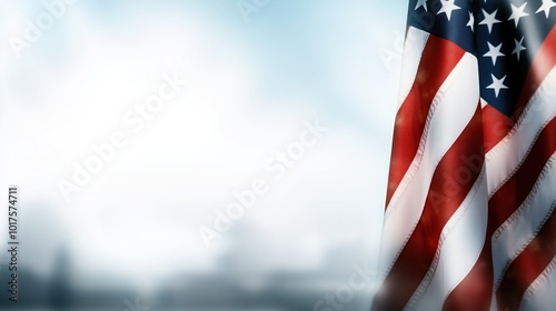 American flag waving proudly against a soft blurred background, with an open banner space for text or design. This patriotic scene provides a perfect setting for celebrating national holidays or promo