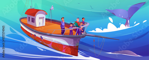 Whale tail and fish boat in sea cartoon background. Children on fisher trawler with man in nautical adventure. Waves ocean and smiling people concept backdrop. Fisherman on red ship game graphic