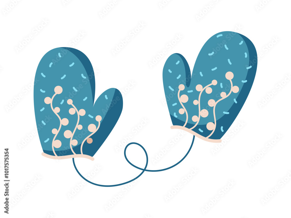 Pair of blue mittens with cute pattern and string flat color vector object. Clothing waiting to warm up cold hands illustration on white Pair of blue mittens with cute pattern and string flat color vector object. Clothing waiting to warm up cold hands illustration on white