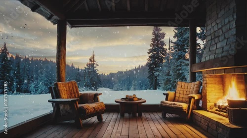 Cozy cabin porch with a fireplace and a view of a snowy forest.
