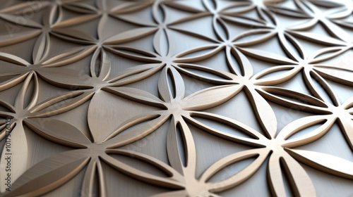 Geometric panels with a flower of life pattern, rendered in seamless 3D texture.  photo