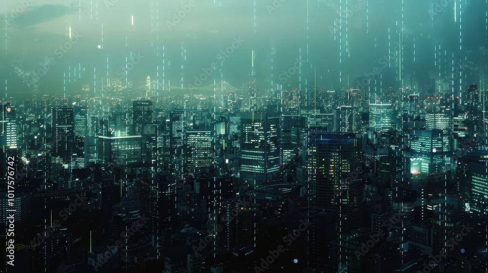 Fototapeta premium Futuristic Cityscape with Digital Rain Effect