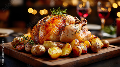 Beautifully roasted chicken garnished with rosemary sits on wooden board, surrounded by golden potatoes.