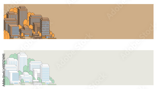 バナー型の街並みイラスト. 建物のベクターイラスト.