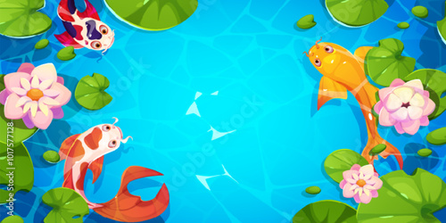 Top view on koi fish with lotus leaves and flowers swimming in blue water of Japanese or Chinese pond with empty space for text. Cartoon vector border and frame with oriental underwater animals.