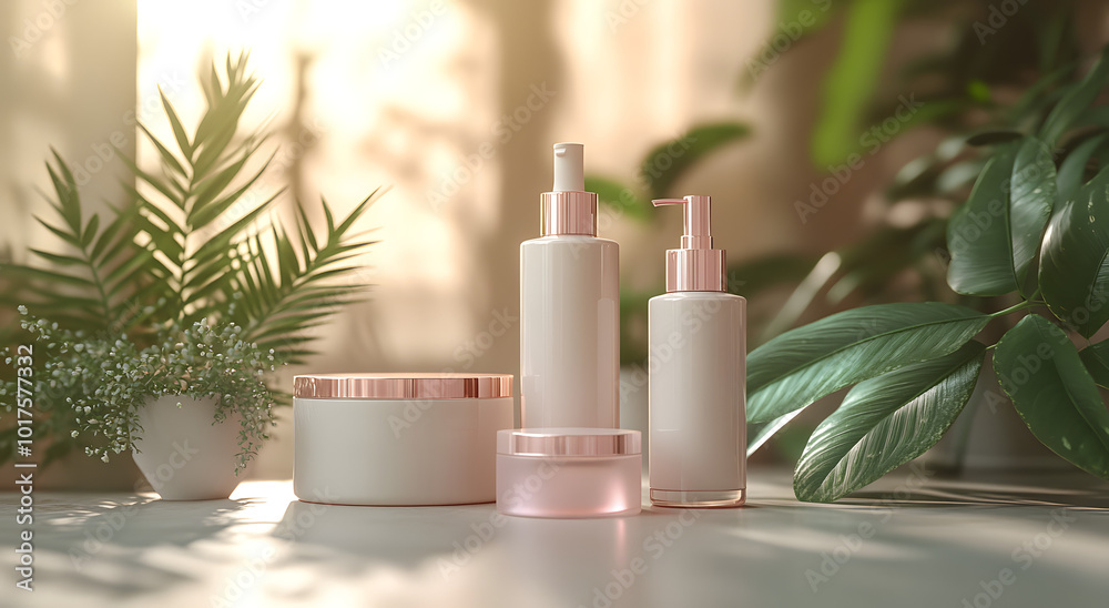 3D rendering of various cosmetic products on a table with natural lighting, highlighting sleek, modern packaging and a clean, minimalist design. The arrangement includes bottles, jars, and tubes, pres 3D rendering of various cosmetic products on a table with natural lighting, highlighting sleek, modern packaging and a clean, minimalist design. The arrangement includes bottles, jars, and tubes, pres