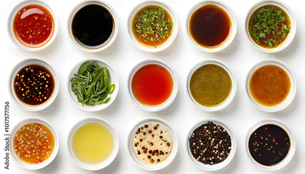 Many different sauces in bowls on white background, top view Many different sauces in bowls on white background, top view