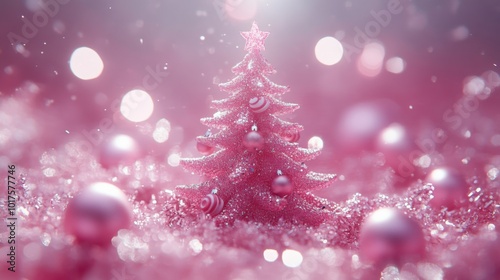 Minimalist pink Christmas tree, soft baby pink background, tiny candy canes and glass balls, subtle sparkle, delicate and festive.