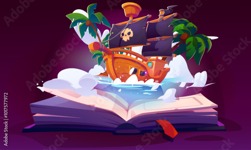 Open magic paper book with illustration of tale about pirate ship with black sails floating in blue water with palm trees and blue clouds. Cartoon vector adventure storytelling and literature.