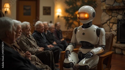 A humanoid robot interacts with a group of elderly individuals in a cozy setting.