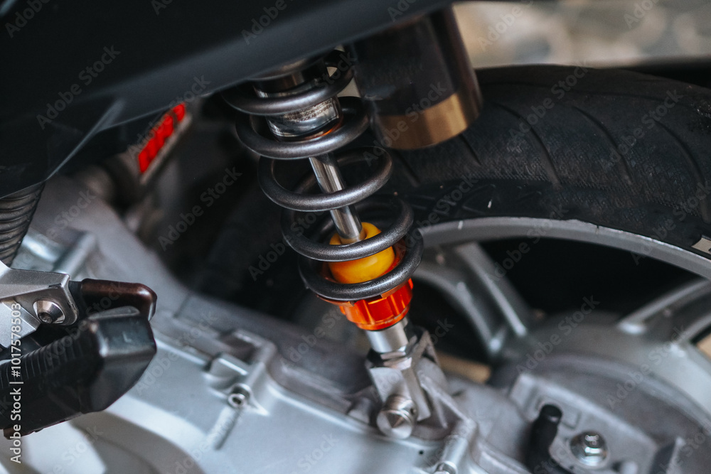 Shock absorber rear wheel motorcycle In the concept of motorcycle accessories, selective focus
