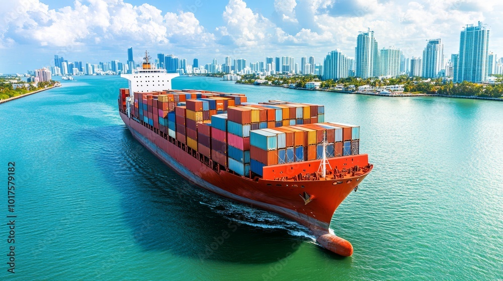 Fototapeta premium Cargo ship leaving harbor cargo business container ship shipping logistics cargo ship with container in miami skyline freight container loaded on cargo vessel in miami skyline florida