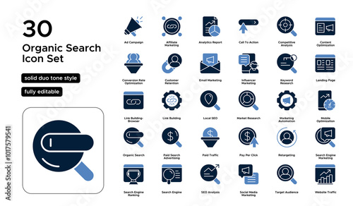 Organic Search Solid Duo Tone Icon Set: SEO Techniques, Keyword Research, and Natural Traffic Icons