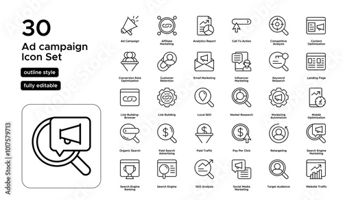 Ad Campaign Line Icon Set: Advertising Strategies, Targeting, Creative Assets, and Performance Metrics Icons