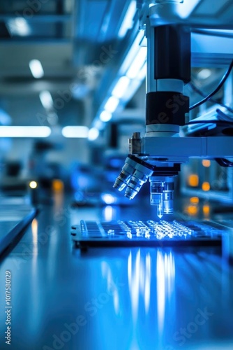 Close-up view of a microscope in a high-tech laboratory with bright blue lighting, showcasing precision and detail in research.