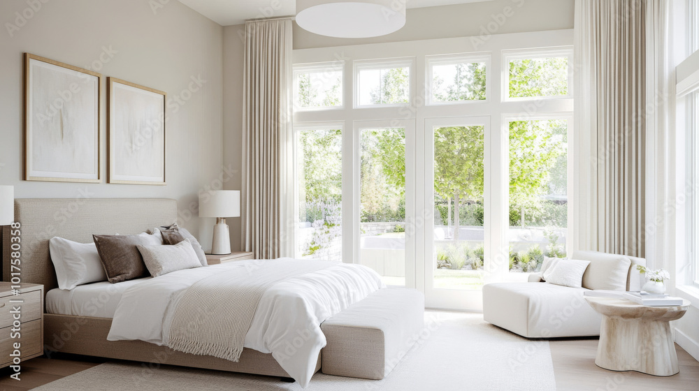 Fototapeta premium A serene and modern bedroom featuring large bed with soft linens, elegant decor, and ample natural light streaming through large windows. calming atmosphere invites relaxation and comfort