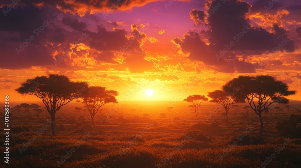 Fototapeta premium A breathtaking view of a vast field, with acacia trees silhouetted against the setting sun, the sky filled with vibrant oranges and purples