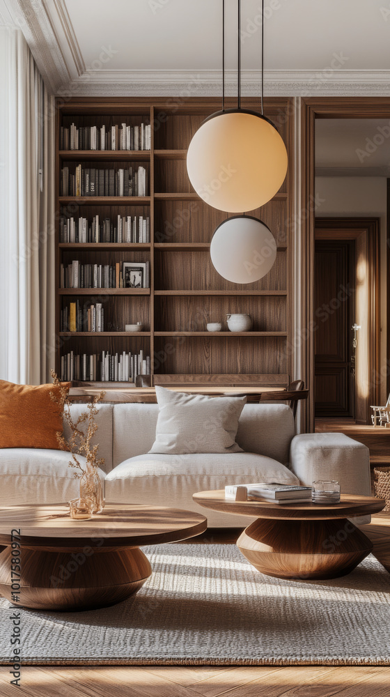 A modern living room featuring cozy sofa, stylish pendant lights, and elegant wooden furniture. warm tones and inviting decor create serene atmosphere perfect for relaxation A modern living room featuring cozy sofa, stylish pendant lights, and elegant wooden furniture. warm tones and inviting decor create serene atmosphere perfect for relaxation