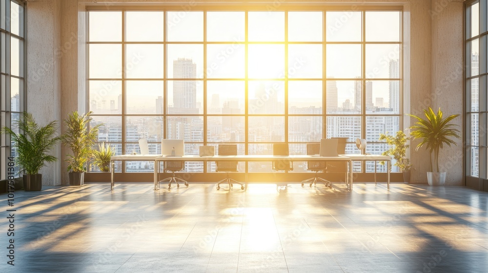 A clean, modern office space with large windows, minimalist furniture, and bright natural light, showcasing a luxury work environment