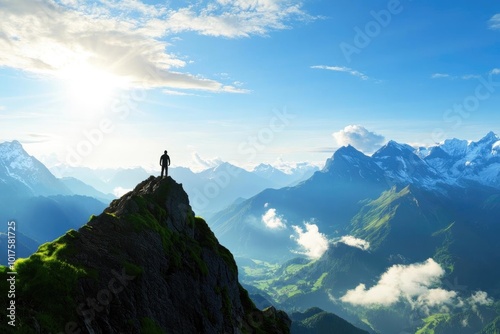 A solitary figure stands triumphantly at the mountain peak, surrounded by breathtaking landscapes and vibrant skies.