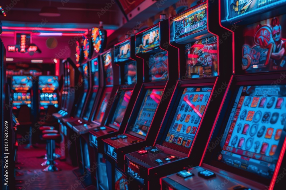A row of arcade games with a neon red background, generative ai image A row of arcade games with a neon red background, generative ai image