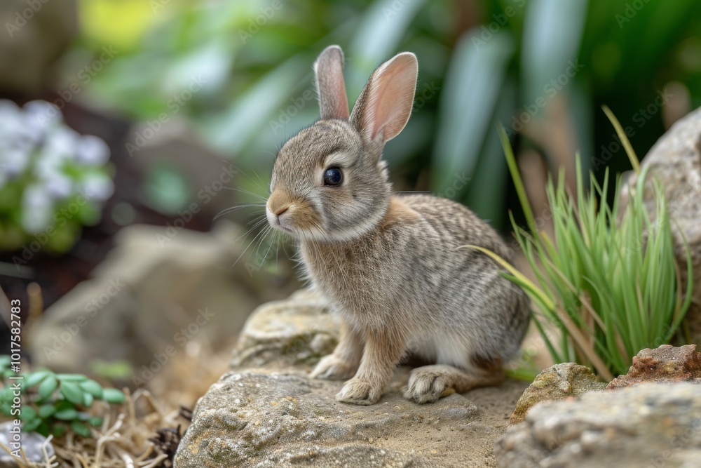 Adorable Brown Rabbit Sitting on a Rock in a Garden Adorable Brown Rabbit Sitting on a Rock in a Garden
