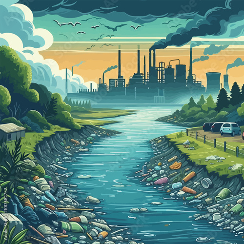 peaceful river landscape interrupted by floating plastic illsutration 