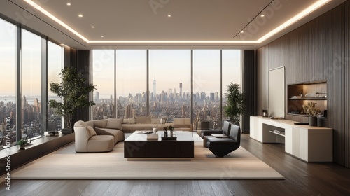 A luxurious office with sleek modern furniture, a large window with city views, and natural light, creating a high-end corporate environment