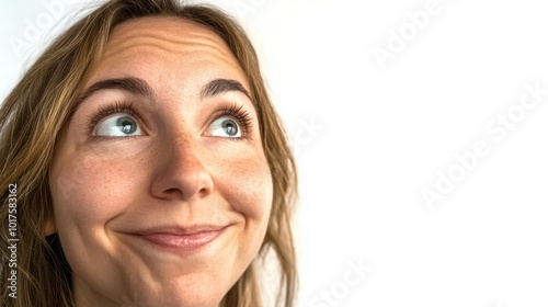 Close-up of a playful woman glancing upwards with a slight smile, showing curiosity, lightheartedness, and positive emotion.