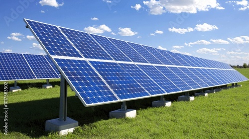 Solar Panels under Bright Blue Sky in Green Field