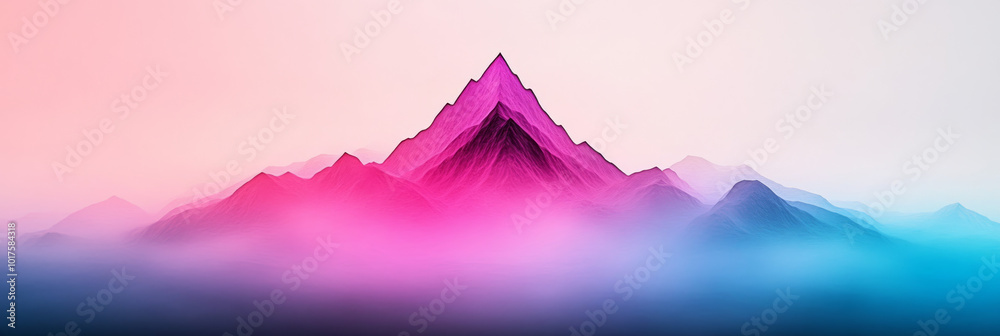 Misty mountain range bathed in pink and blue light. Misty mountain range bathed in pink and blue light.