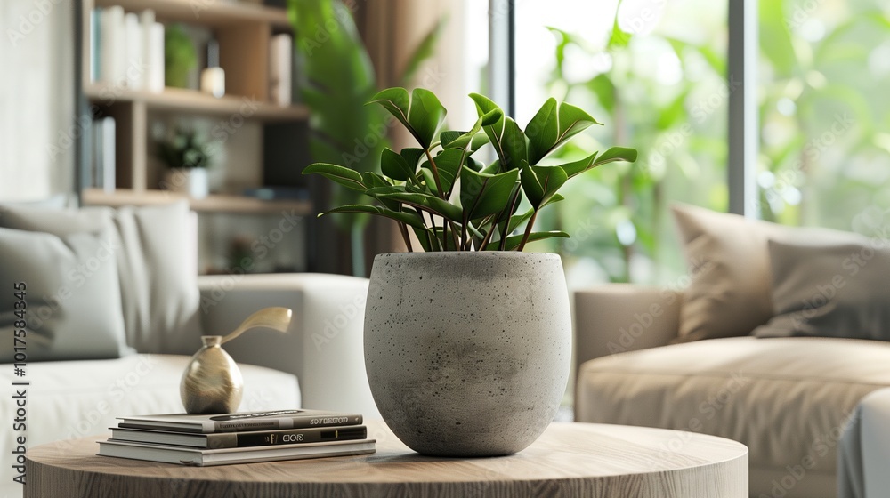 Immerse yourself in the serene beauty of a modern living room adorned with stylish decor elements.
