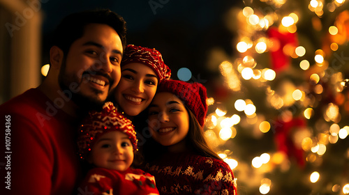 Cheerful family portrait celebrating the holiday season in cozy festive attire. photo