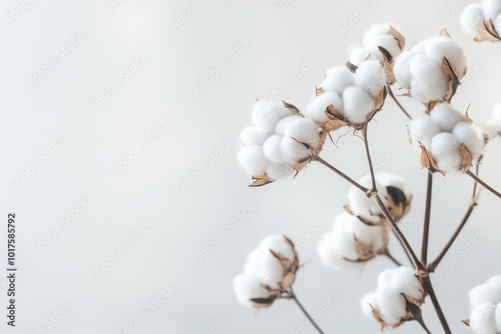 Detailed view of a cotton plant with fluffy white bolls against a soft background Detailed view of a cotton plant with fluffy white bolls against a soft background
