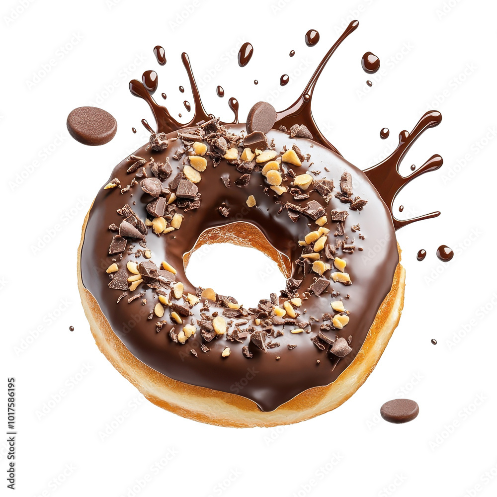 Chocolate donut with sauce splash swirling in a circular motion, isolated on a white background, creating a dynamic look. PNG Chocolate donut with sauce splash swirling in a circular motion, isolated on a white background, creating a dynamic look. PNG