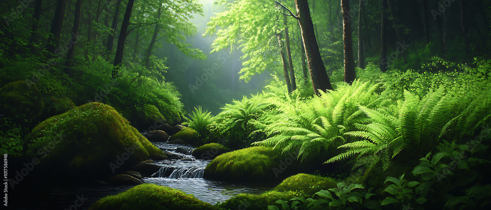 Fototapeta premium Lush green forest with fern and a serene stream flowing through the landscape.