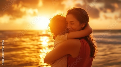 Mother and Son Embrace at Sunset