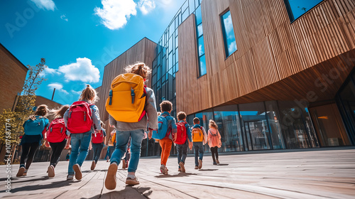 A group of children walk toward a modern school building and new beginnings