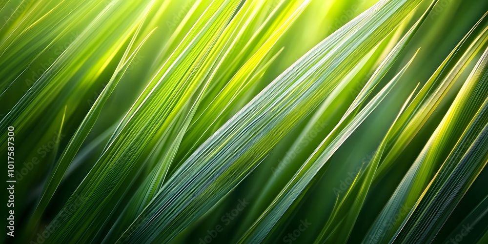 A close-up of vibrant green grass blades swaying in the breeze, creating an abstract background with dynamic lines and shapes. The sunlight highlights the texture and details on each blade, generative A close-up of vibrant green grass blades swaying in the breeze, creating an abstract background with dynamic lines and shapes. The sunlight highlights the texture and details on each blade, generative