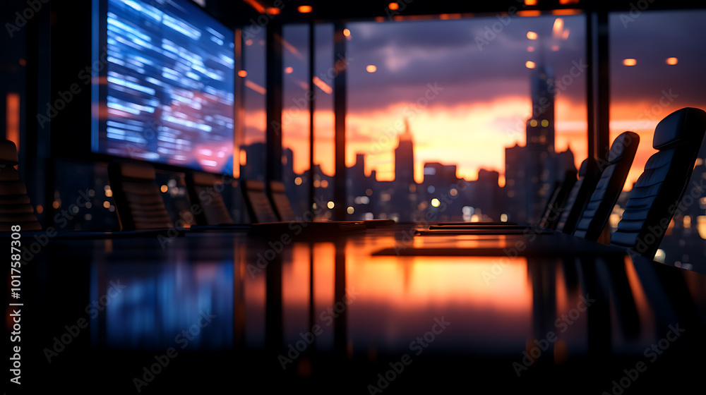 Modern conference room with sunset view and city skyline. Modern conference room with sunset view and city skyline.