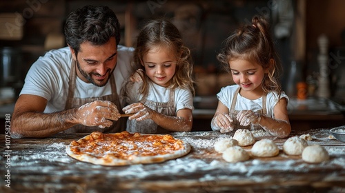 A joyful cooking scene with a father and two children making pizza together.