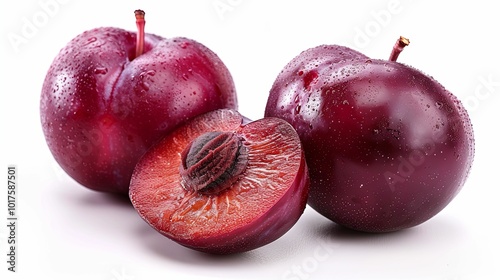 Two Red Plums and One Half on White Background photo