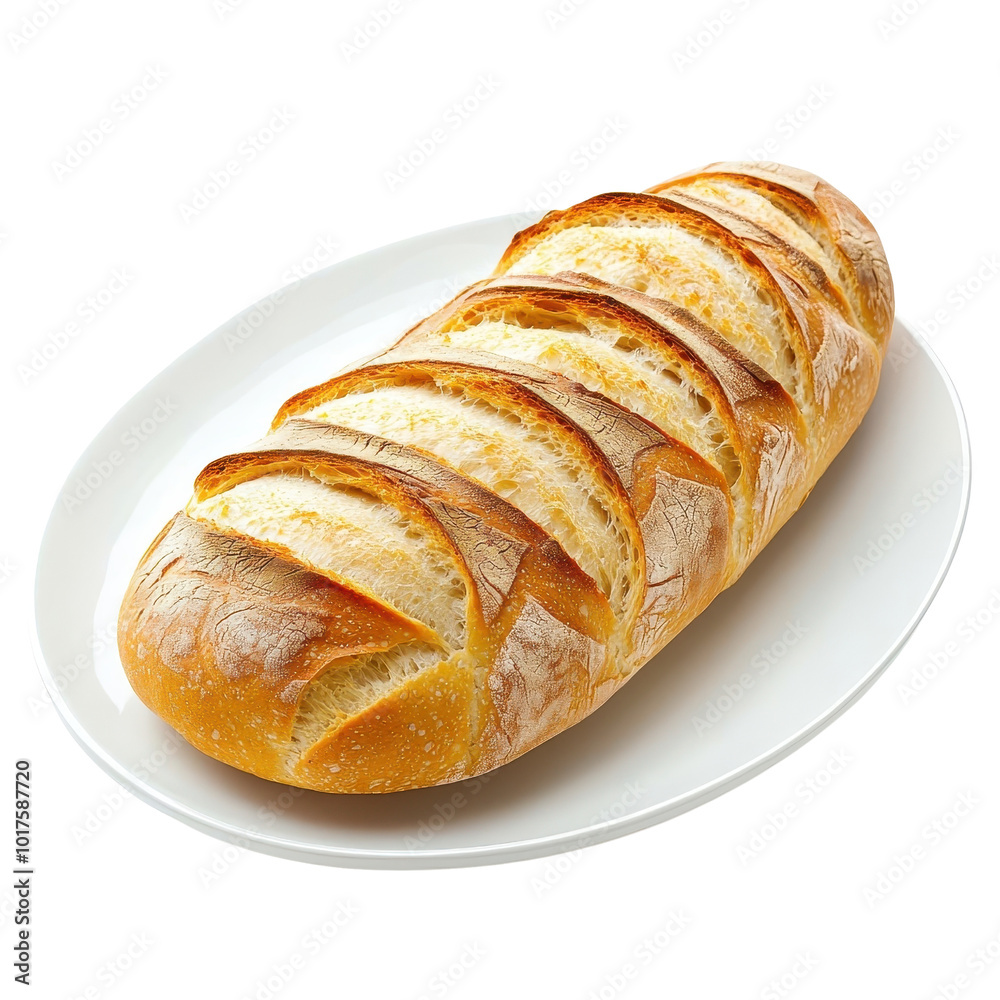 French bread on a white plate, isolated on a white background, emphasizing its golden crust and rustic appeal. PNG French bread on a white plate, isolated on a white background, emphasizing its golden crust and rustic appeal. PNG