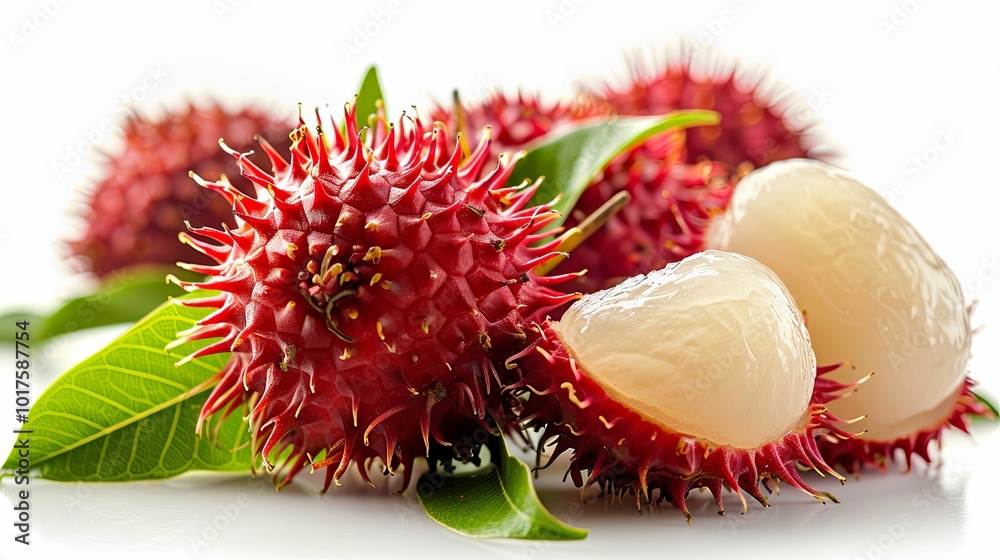 Close-up of Rambutan Fruit with White Flesh and Green Leaves Close-up of Rambutan Fruit with White Flesh and Green Leaves