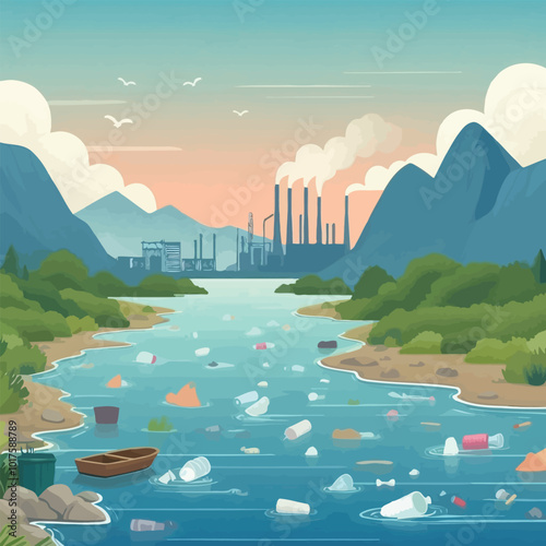 peaceful river landscape interrupted by floating plastic illsutration 
