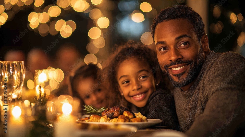 A joyful family dinner scene with children and a man, surrounded by festive lights and food. A joyful family dinner scene with children and a man, surrounded by festive lights and food.