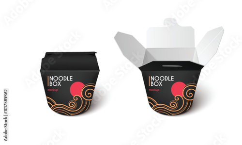 Black paper noodle take away box - realistic 3d vector illustration set of closed and open empty Chinese fast food takeout package mockup. Asian restaurant square cardboard container template.