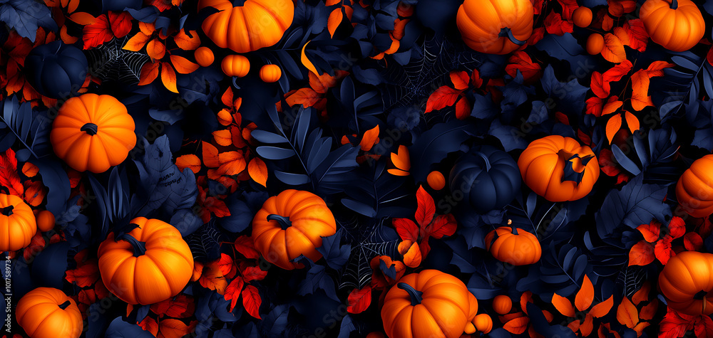 Vibrant autumn scene with pumpkins and colorful foliage on a dark background. Vibrant autumn scene with pumpkins and colorful foliage on a dark background.