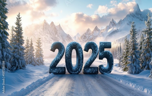 The numbers "2025" crafted from winter tires placed on a snowy road with pine trees and snow-covered mountains in the background, symbolizing adventure and winter travel 